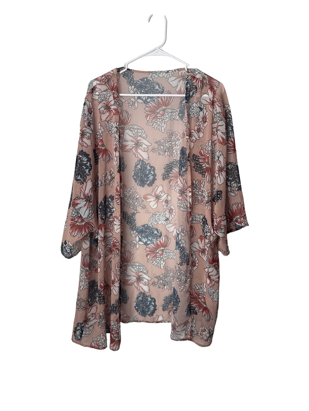 Sheer Pink & Floral Print Open Front Short Sleeve Kimono Swimsuit Cover Up 2XL